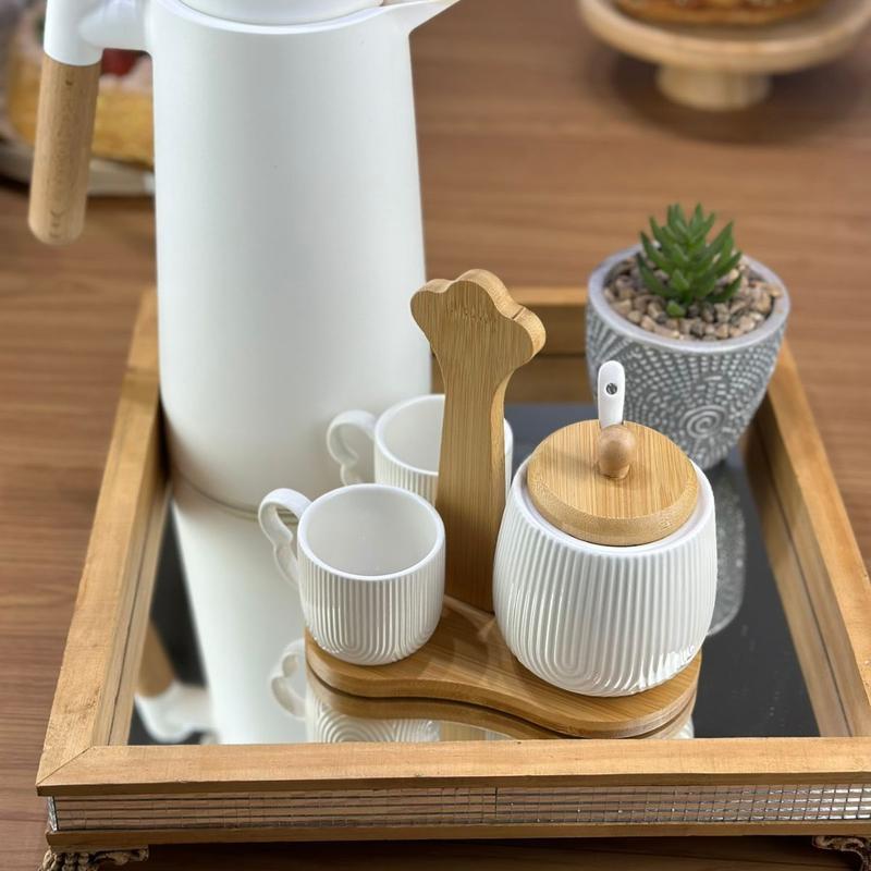 Kit Jogo 02 Xícaras 90ml 01 Açucareiro 350ml 1 Suporte Cerâmica e